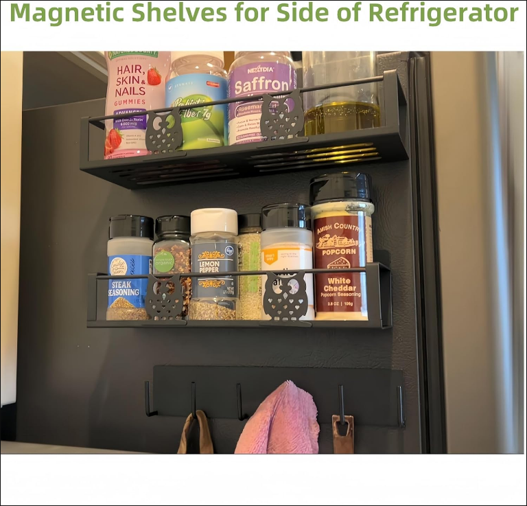 Magnetic Spice Rack for Refrigerator,3 Pack Magnetic Shelf for Fridge Kitchen Spice Organizer with 6 Magnetic Hooks Rack for Kitchen Organization and Storage Small Space Saver(Black)