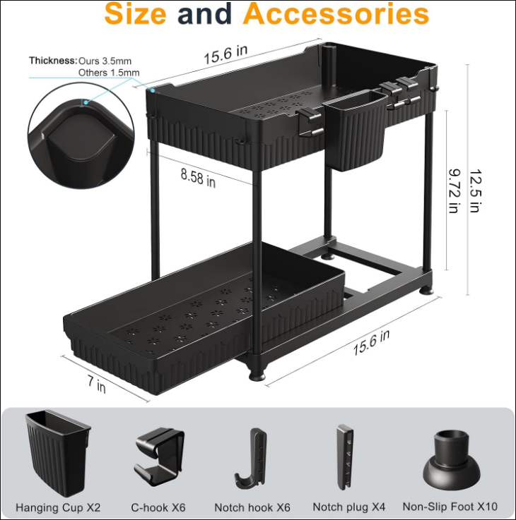 2 Pack Under Sink Organizers and Storage, 2 Tier Sliding Bathroom organizer,Multi-Use Under Kitchen Cabinet Storage Shelf (Black 2Pack)