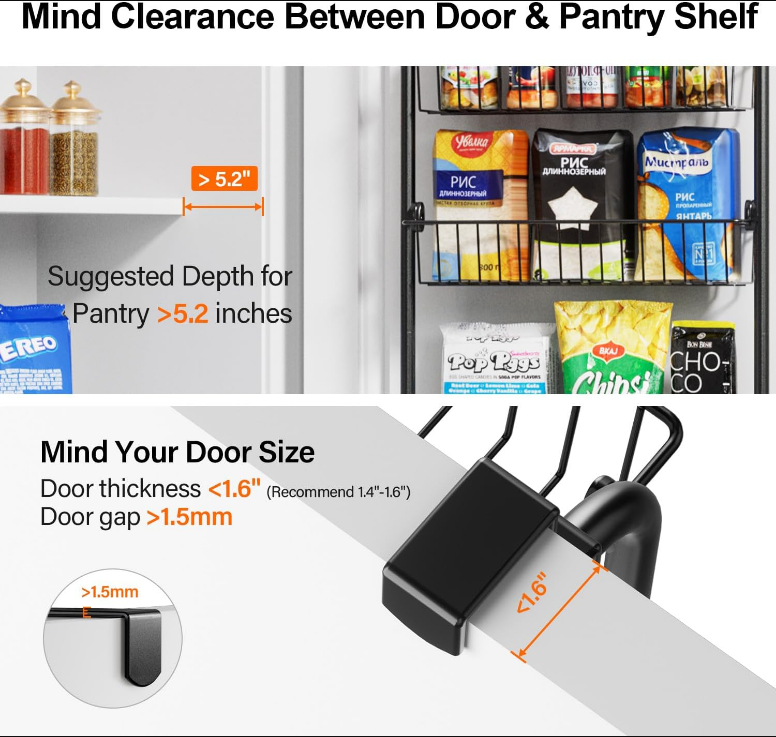 Over the Door Heavy-Duty Metal Organizer, 6-Tier Door Storage for Pantry, Easy Install, D4.65xW18xH50inch, Black