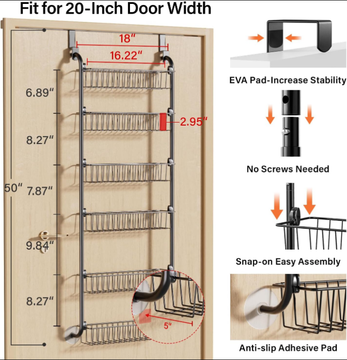 Over the Door Heavy-Duty Metal Organizer, 6-Tier Door Storage for Pantry, Easy Install, D4.65xW18xH50inch, Black