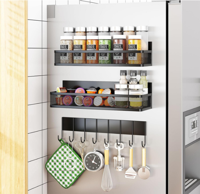 Magnetic Spice Rack for Refrigerator, 3 Pack Magnetic Shelf, Moveable Magnetic Fridge Organizer with 8-Hook Rack for Kitchen Organization and Storage (3 Pack)