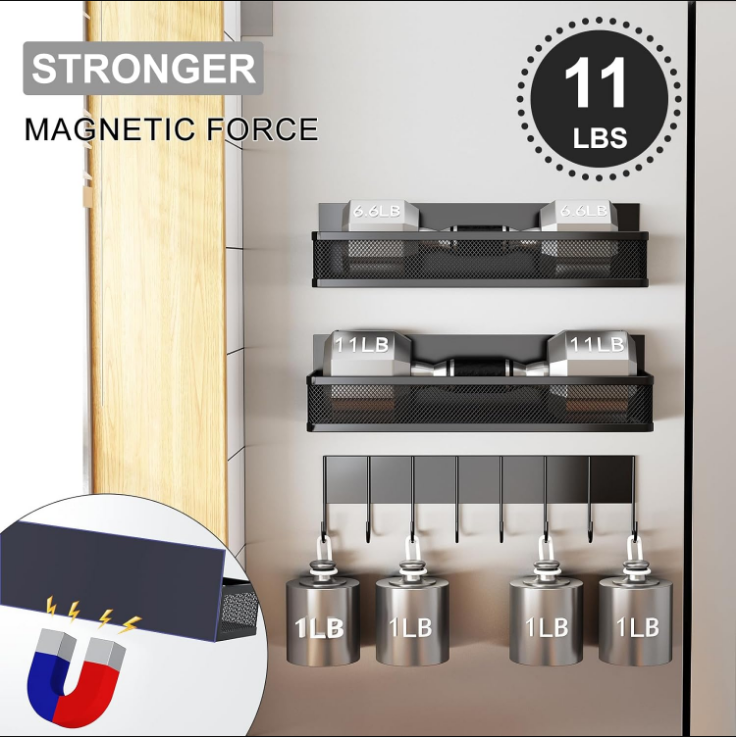 Magnetic Spice Rack for Refrigerator, 3 Pack Magnetic Shelf, Moveable Magnetic Fridge Organizer with 8-Hook Rack for Kitchen Organization and Storage (3 Pack)