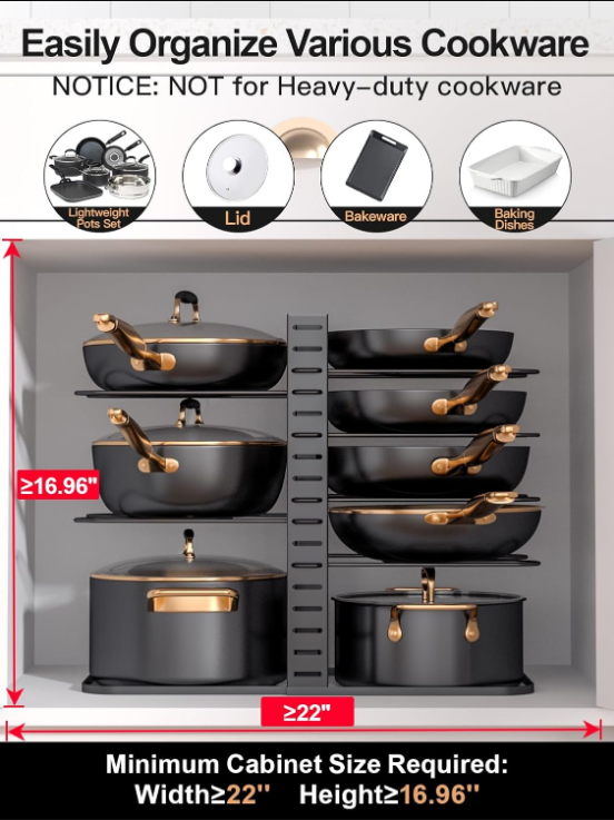 Pots and Pans Organizer : Rack under Cabinet, 8-Tier Kitchen Cabinet Organizers and Storage, Light-Duty Adjustable Pot Racks, Pot Organizers inside Cabinet with 3 DIY Methods
