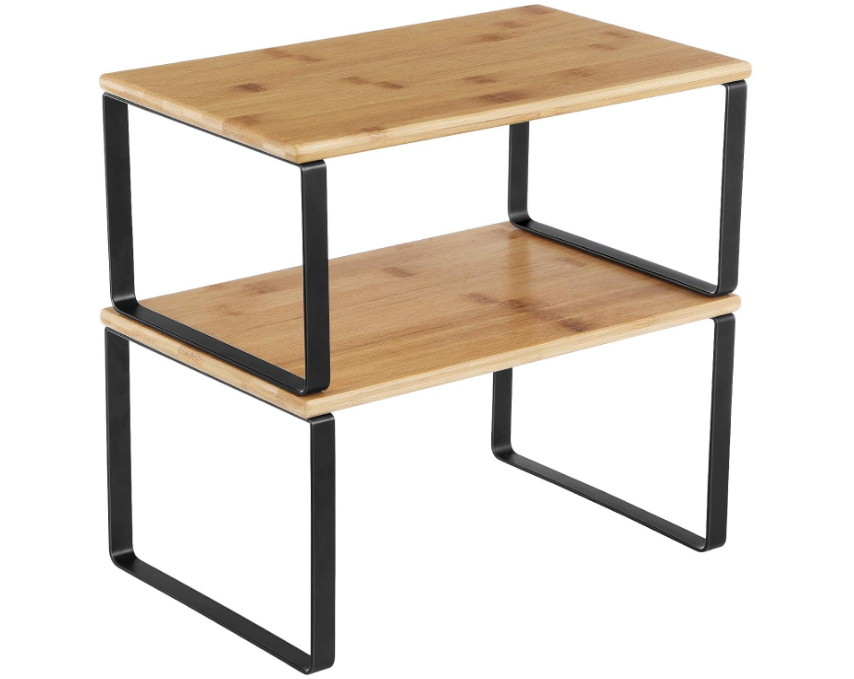 Cabinet Organizer Shelf, Set of 2 Kitchen Counter Shelves, Kitchen Storage, Spice Rack, Stackable, Expandable, Metal and Engineered Wood, Ink Black and Natural Beige UKCS02NB