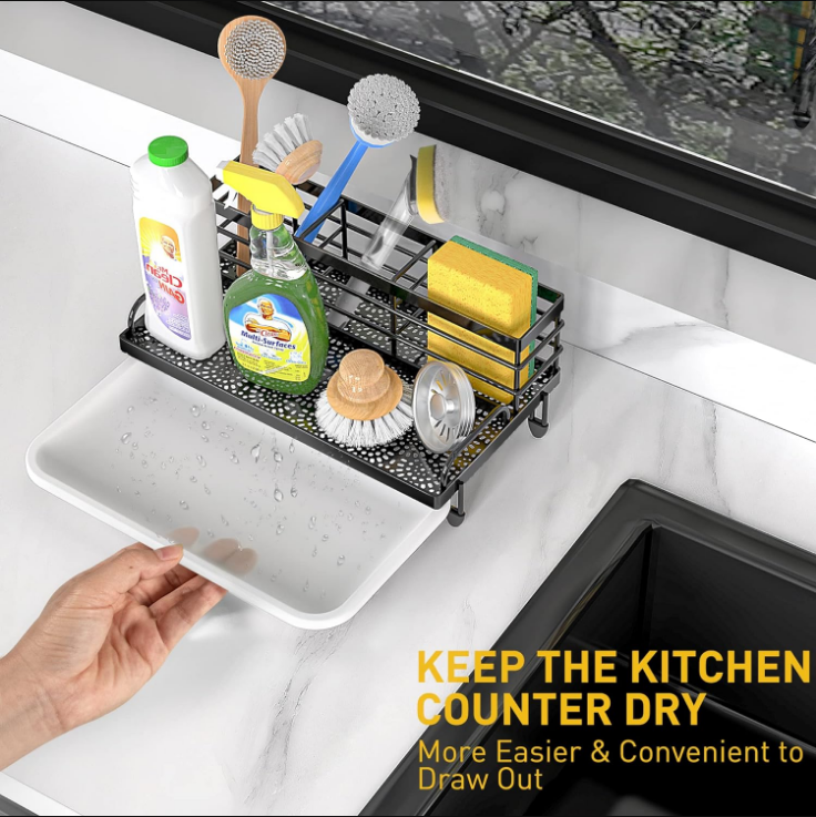Kitchen Sink Caddy Organizer, Rustproof Non-Slip Soap Dish Dispenser Brush, Sponge Holder for Kitchen Sink, Kitchen Organization and Storage, Home Essentials Accessories（Matte Black）