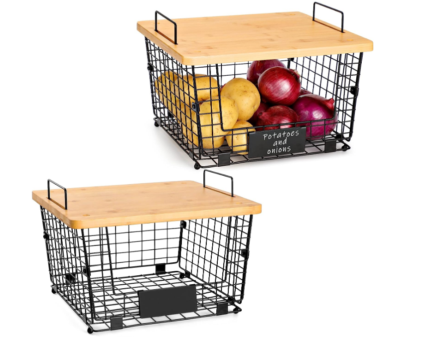 2 Set Stackable Wire Basket with Bamboo Top -Kitchen Counter, Pantry Organization and Storage - Cabinet, Shelf, Countertop Space Saving Organizing - Produce, Fruit, Onion, Potato, Bread Organizer Bin
