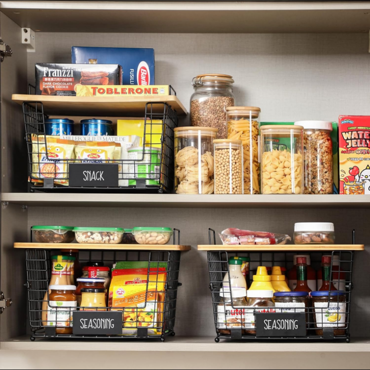 2 Set Stackable Wire Basket with Bamboo Top -Kitchen Counter, Pantry Organization and Storage - Cabinet, Shelf, Countertop Space Saving Organizing - Produce, Fruit, Onion, Potato, Bread Organizer Bin