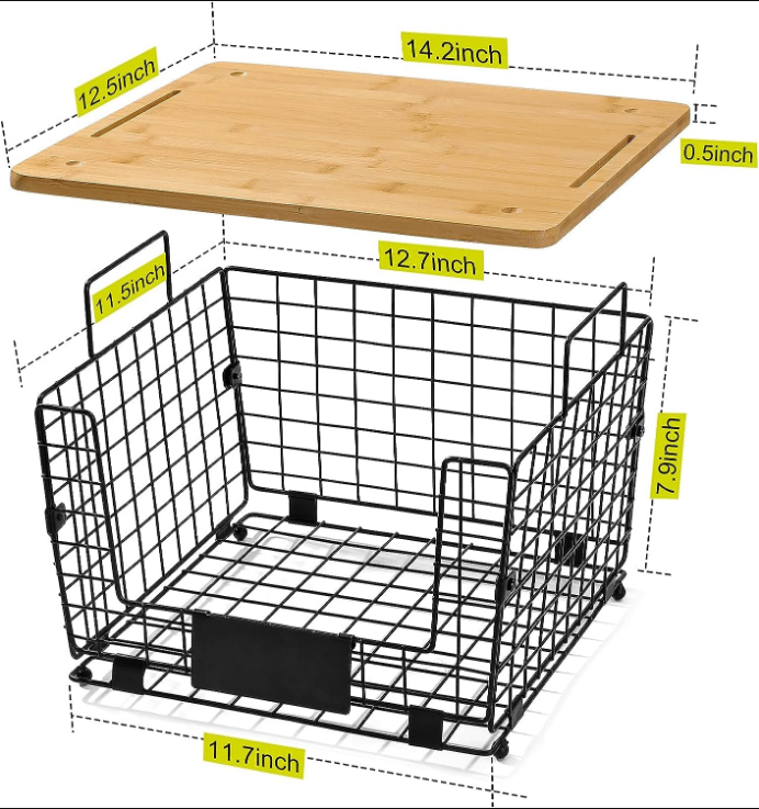 2 Set Stackable Wire Basket with Bamboo Top -Kitchen Counter, Pantry Organization and Storage - Cabinet, Shelf, Countertop Space Saving Organizing - Produce, Fruit, Onion, Potato, Bread Organizer Bin