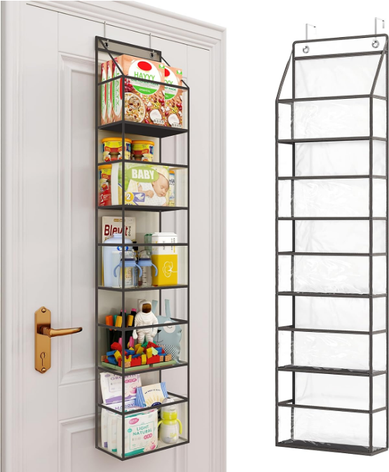 Over The Door Hanging Pantry Organizer 5-Shelf Room Organizer with Clear Plastic Pockets Behind The Door Storage Organizer Large Capacity Organizer for Closet Bedroom Bathroom (Grey)