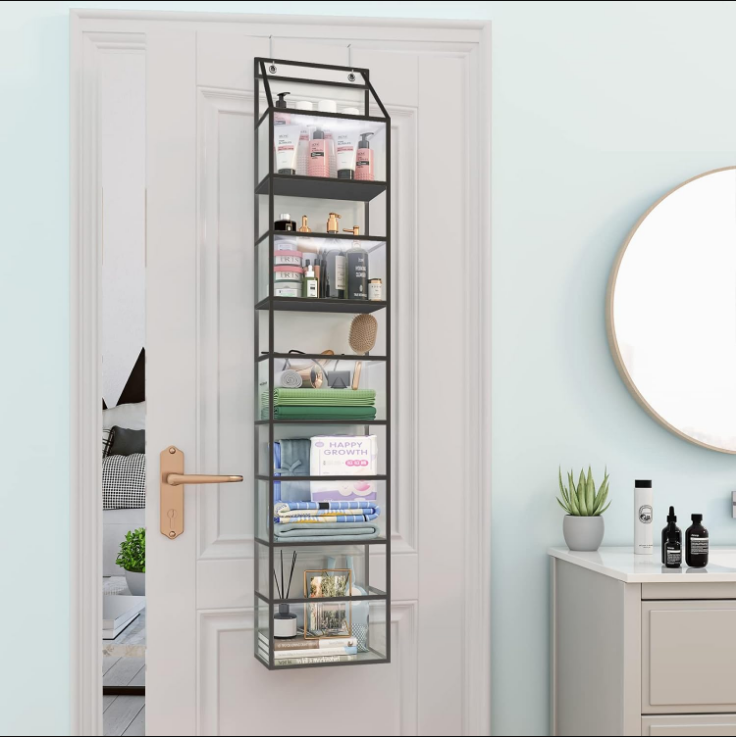Over The Door Hanging Pantry Organizer 5-Shelf Room Organizer with Clear Plastic Pockets Behind The Door Storage Organizer Large Capacity Organizer for Closet Bedroom Bathroom (Grey)