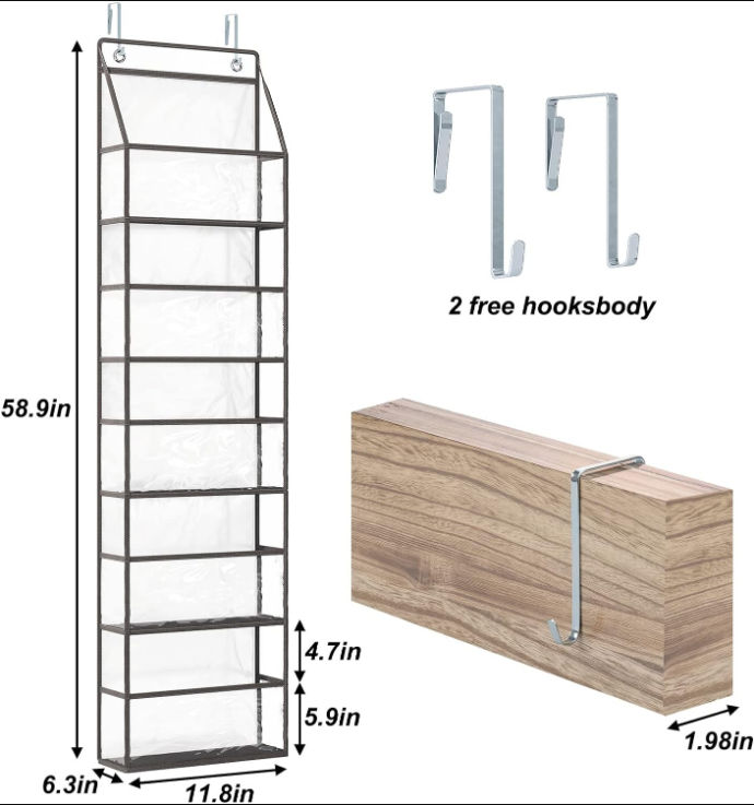Over The Door Hanging Pantry Organizer 5-Shelf Room Organizer with Clear Plastic Pockets Behind The Door Storage Organizer Large Capacity Organizer for Closet Bedroom Bathroom (Grey)