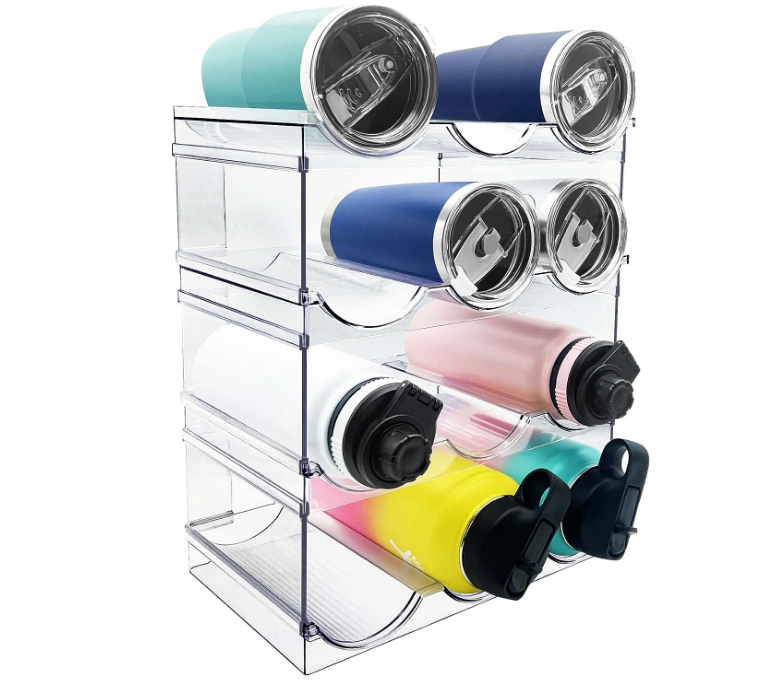 4 Pack Water Bottle Organizer, Stackable Kitchen Pantry Organization and Storage Shelf, Plastic Bottle Holder for Fridge Kitchen Cabinet Organizer and Storage, Tumbler Mug Cup Organizer