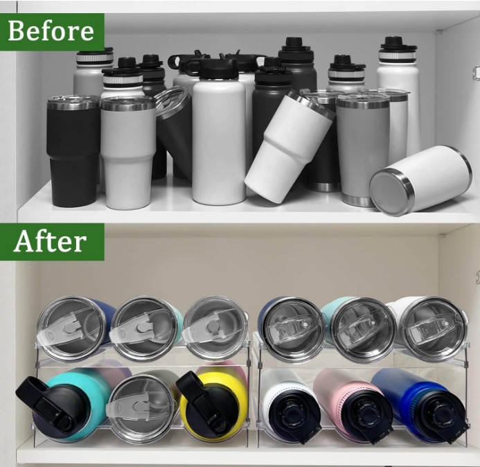 4 Pack Water Bottle Organizer, Stackable Kitchen Pantry Organization and Storage Shelf, Plastic Bottle Holder for Fridge Kitchen Cabinet Organizer and Storage, Tumbler Mug Cup Organizer