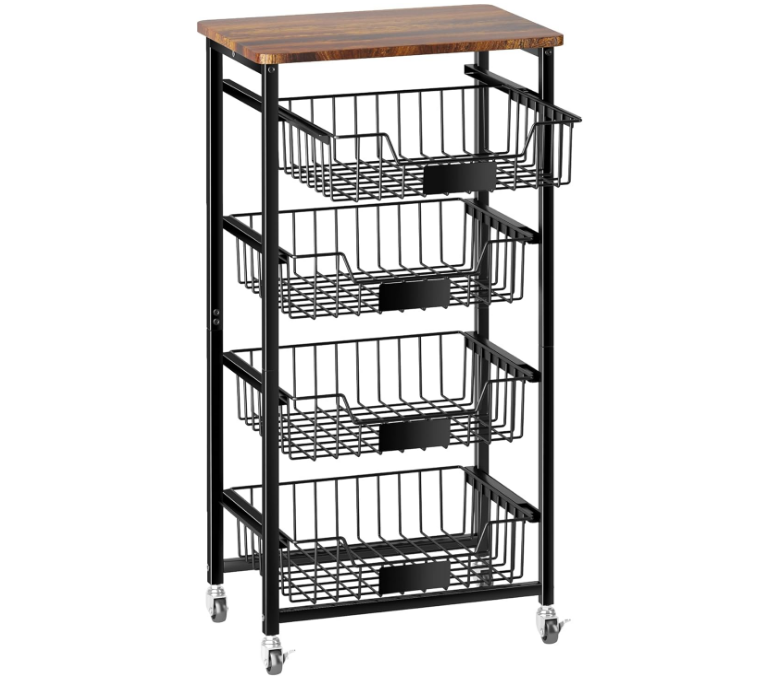 Fruit Basket, 5-Tier Utility Kitchen Organizer and Storage Cart with Pull-Out Baskets and Wood Top, Rolling Pantry Kitchen Cart on Wheels for Fruit Potato Onion Vegetable Snack Produce