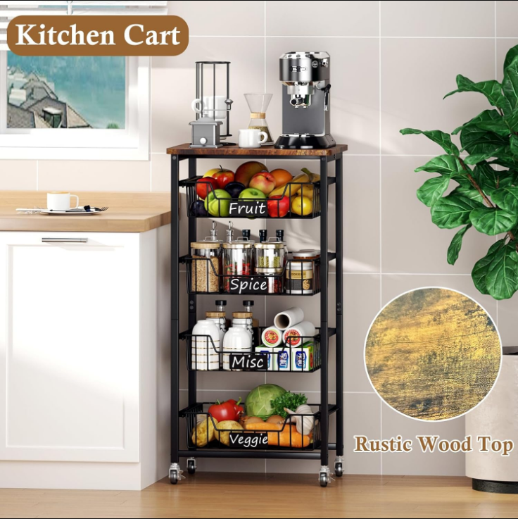 Fruit Basket, 5-Tier Utility Kitchen Organizer and Storage Cart with Pull-Out Baskets and Wood Top, Rolling Pantry Kitchen Cart on Wheels for Fruit Potato Onion Vegetable Snack Produce