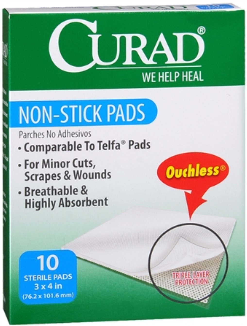Curad Non-Stick Pads 3 Inches X 4 Inches 10 Each