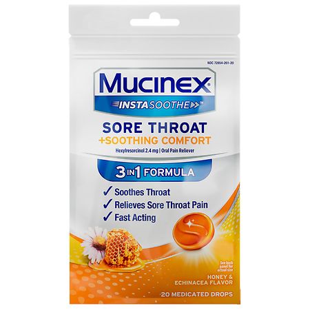 Mucinex InstaSoothe Sore Throat + Soothing Comfort Honey & Echinacea Flavor  Fast Acting  Powerful Sore Throat Oral Pain Reliever  20 Medicated Drops