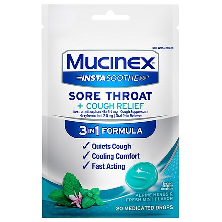 Mucinex InstaSoothe Sore Throat + Cough Relief Alpine Herbs & Mint Drops - 20.0 ea