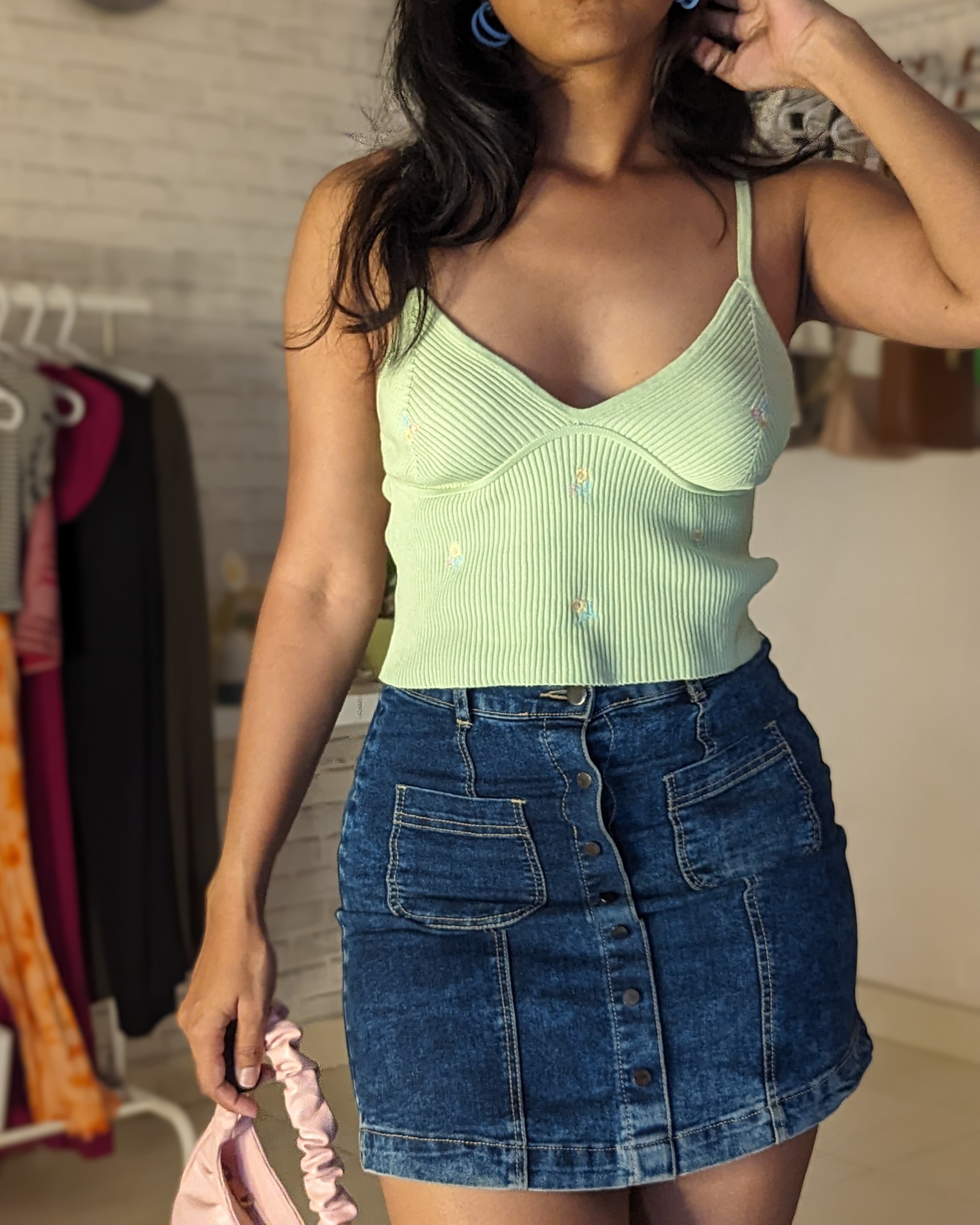 Pastel green top with floral embroidery