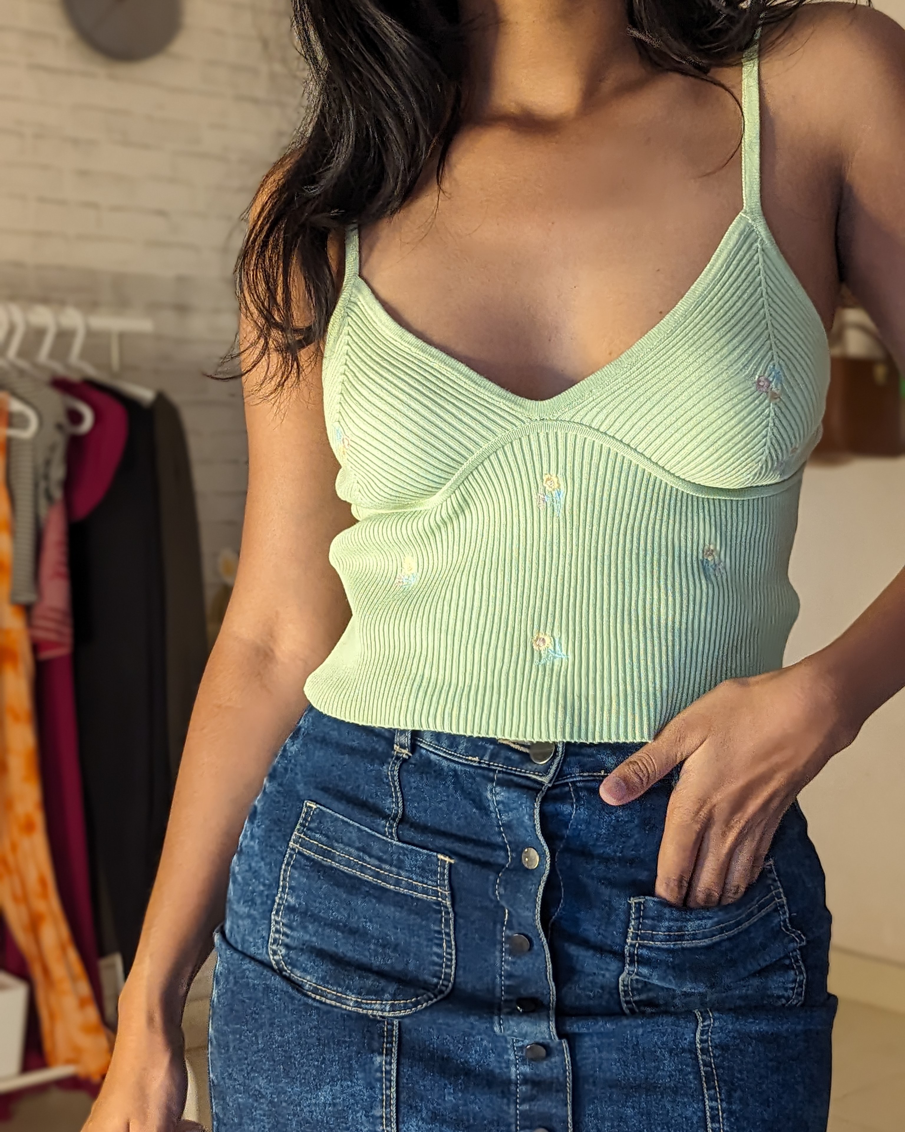 Pastel green top with floral embroidery