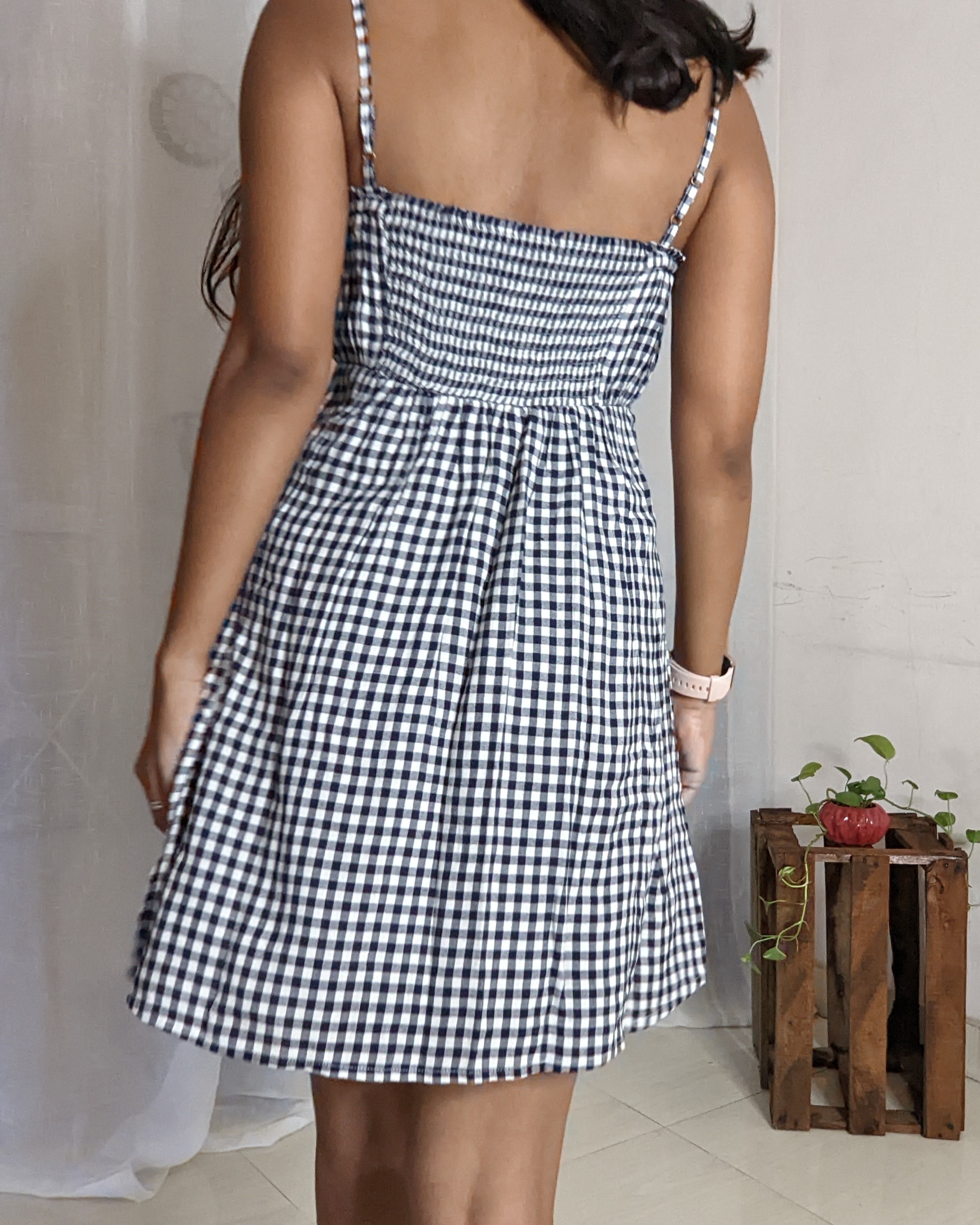 Navy blue and white gingham dress