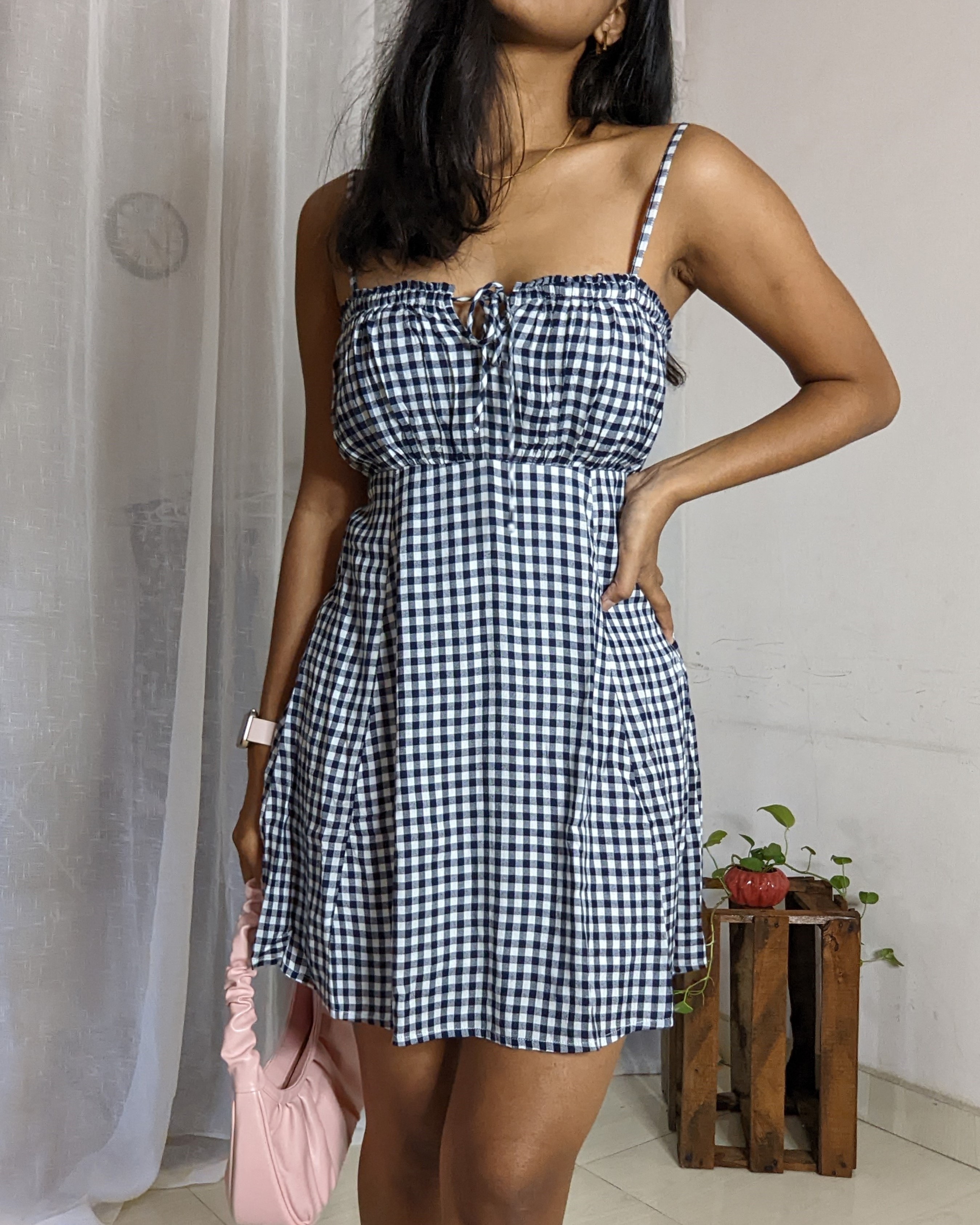 Navy blue and white gingham dress
