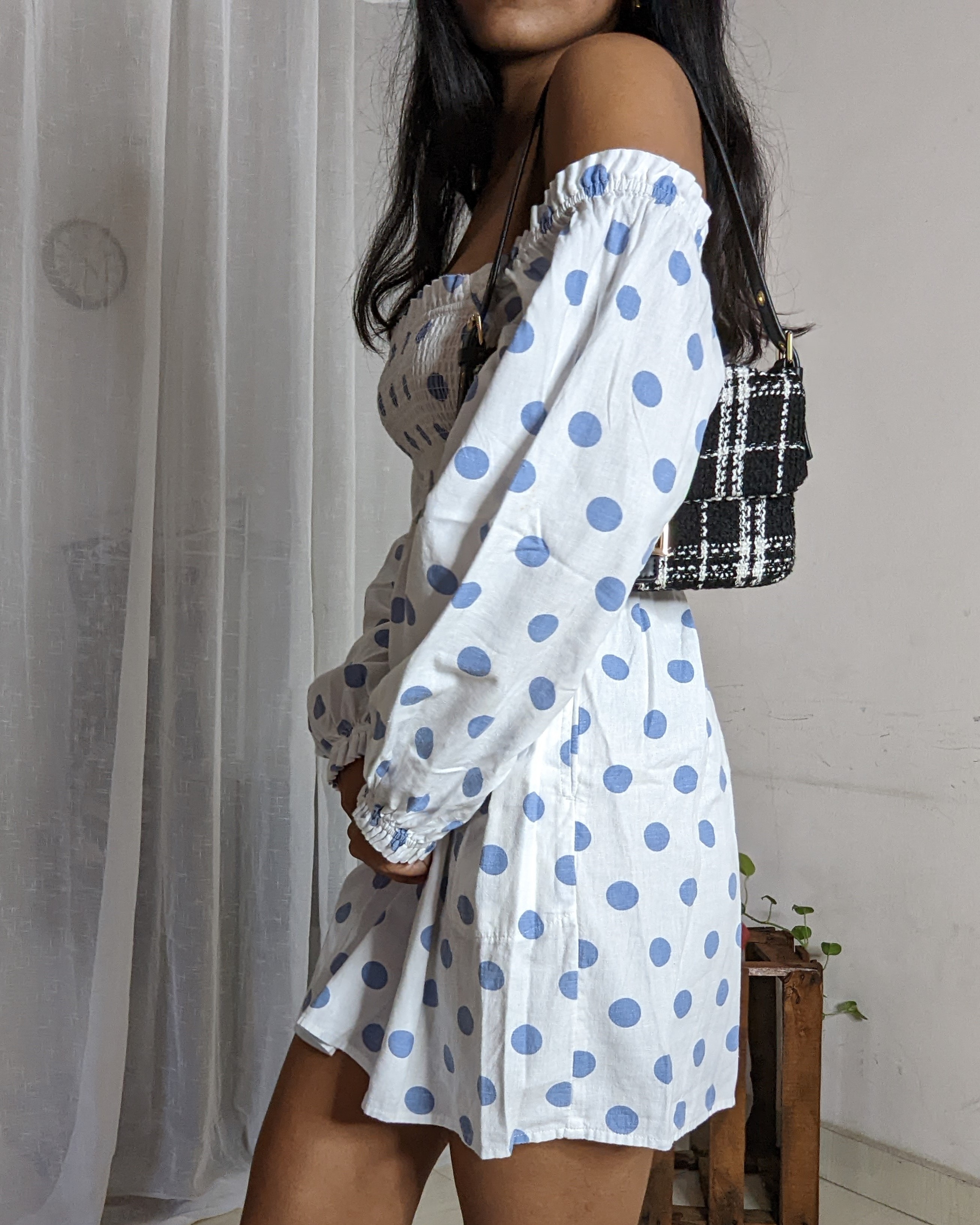 White & blue polka dot dress