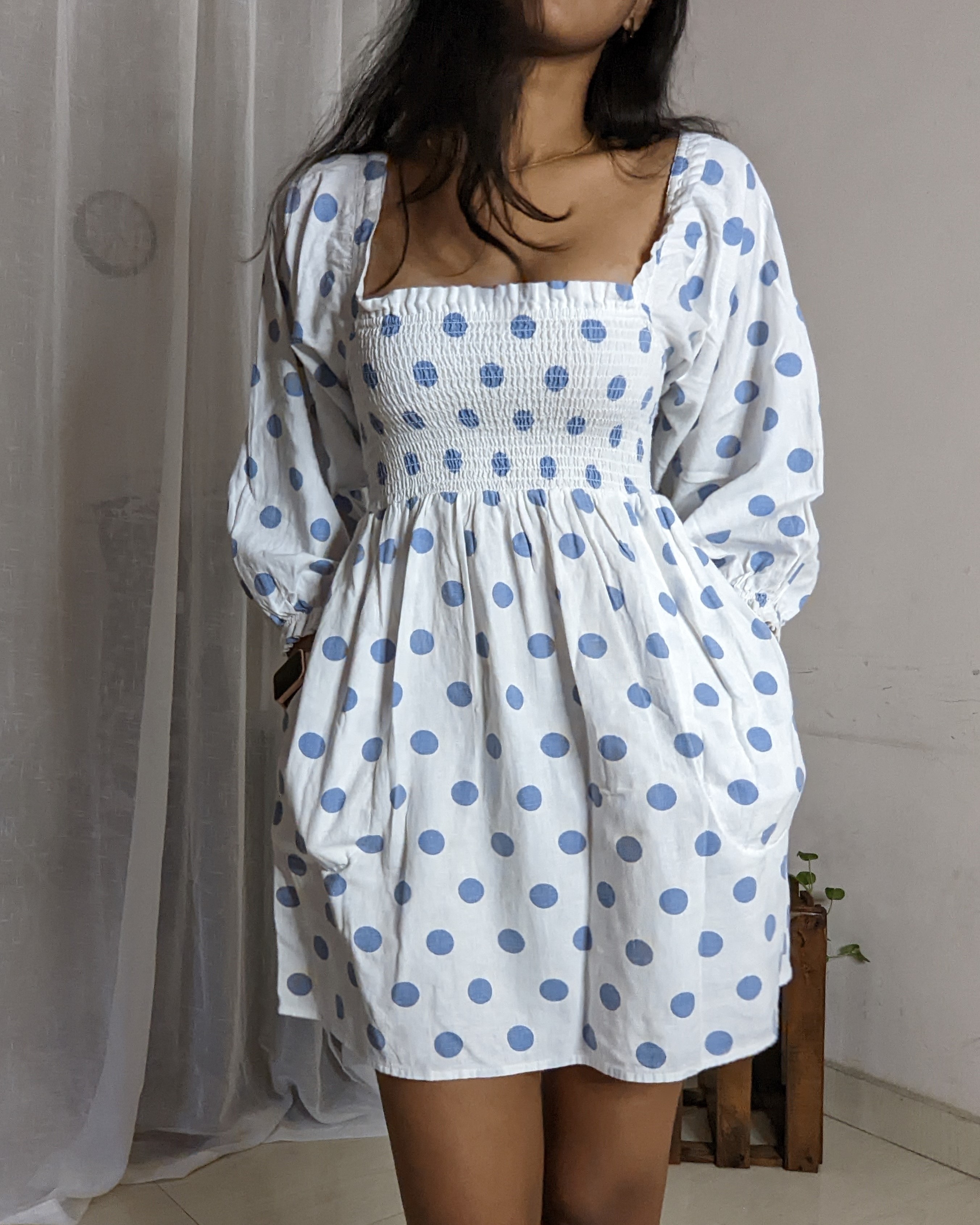White & blue polka dot dress
