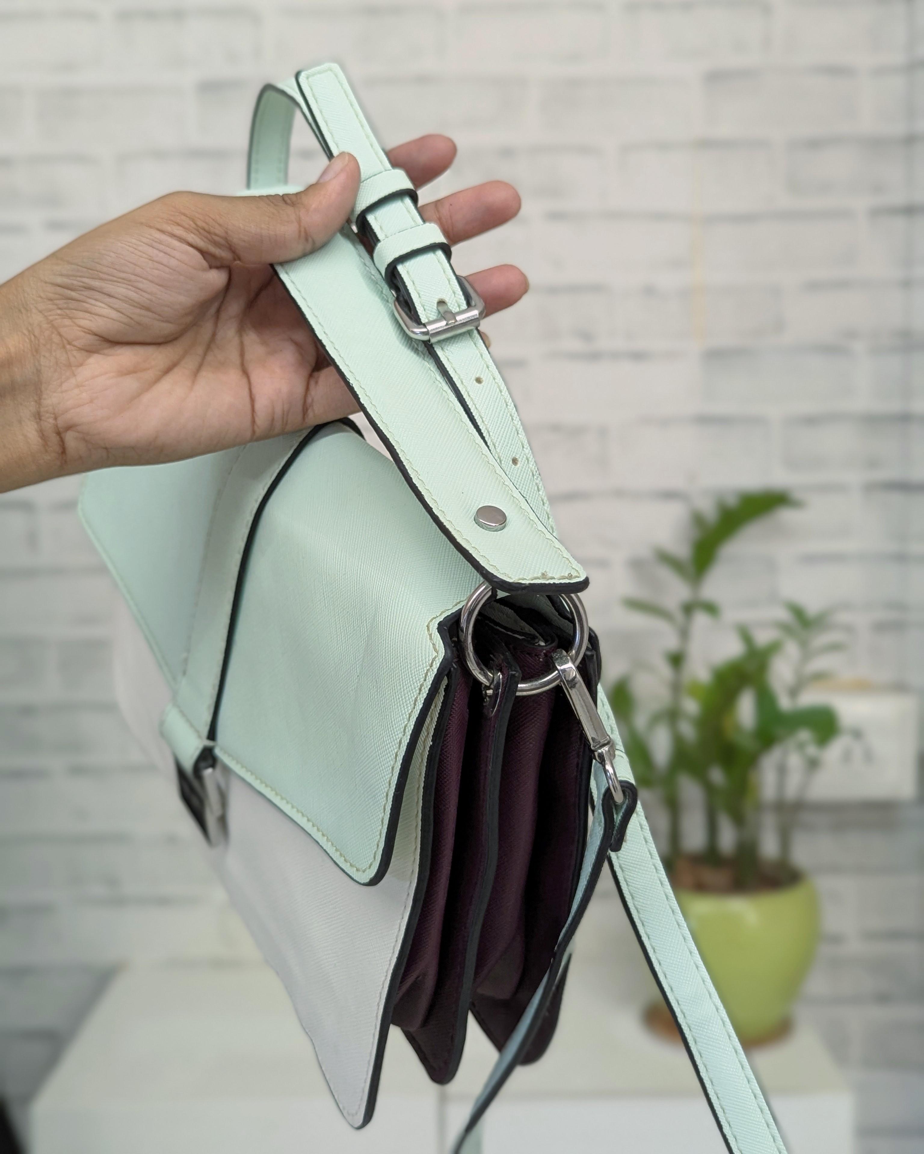 Mint green and white colorblock bag