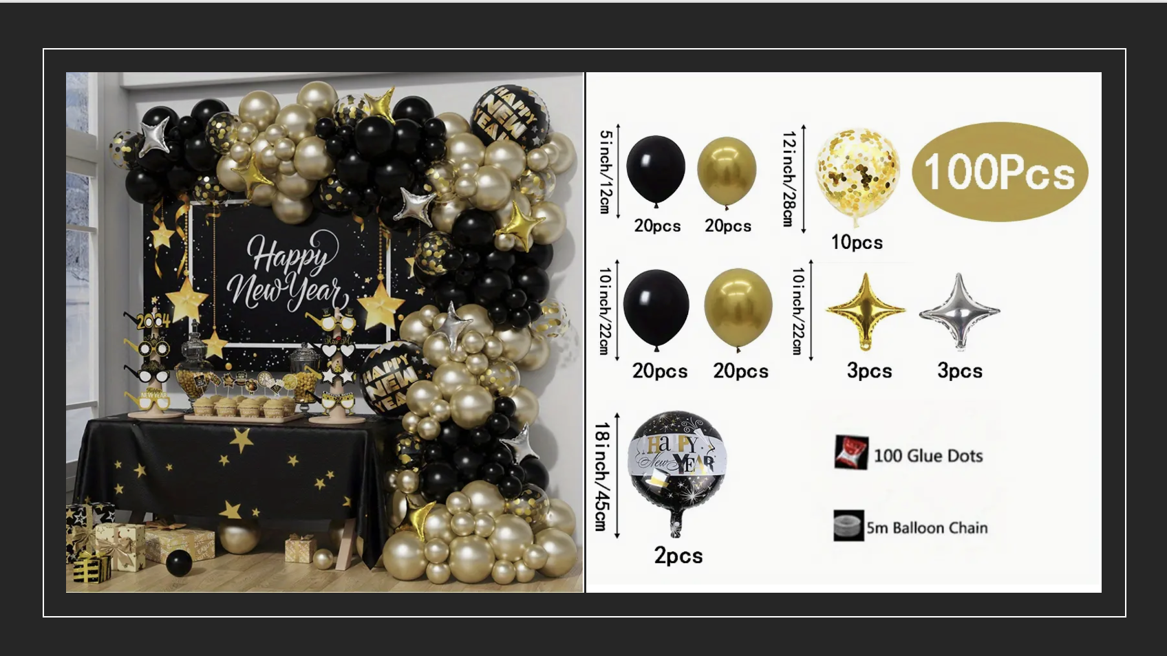 Black and Gold New Years Balloon Garland 100 Pieces