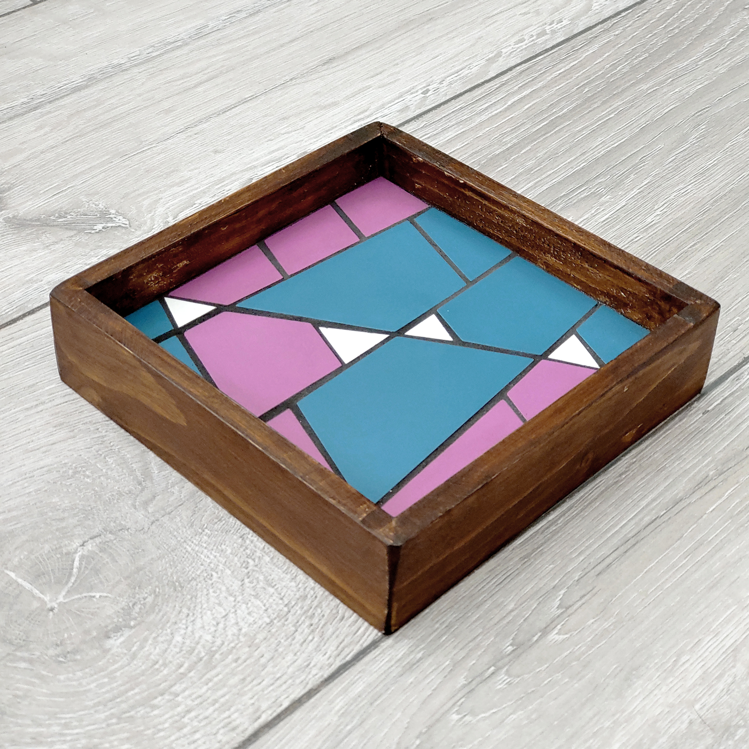 Handmade Catch All Tray / Valet With Geometric Ceramic Tile Inlay - Violet/ Teal/ White - Made to Order