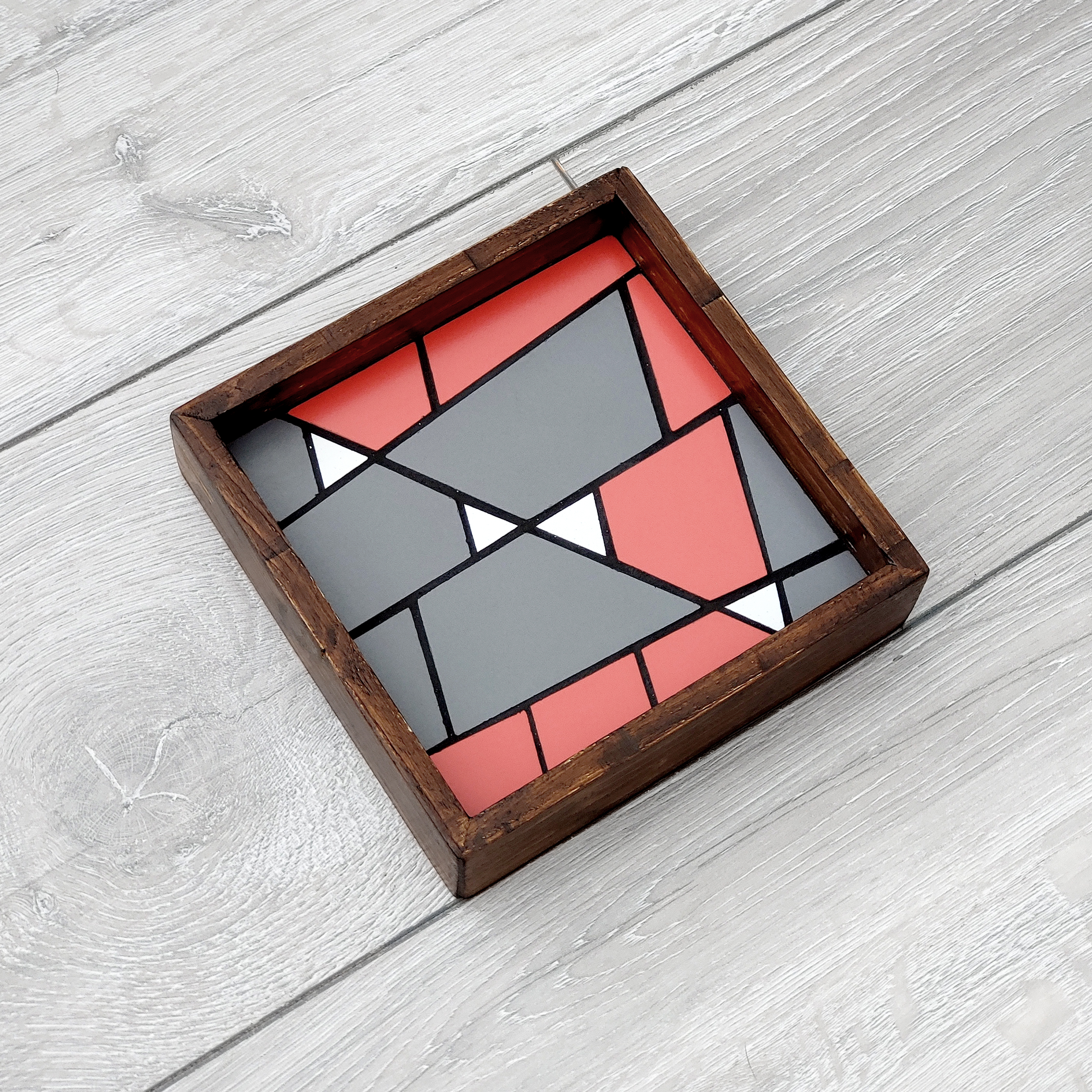 Handmade Catch All Tray / Valet With Geometric Ceramic Tile Inlay - Red /Grey /White - Made to Order