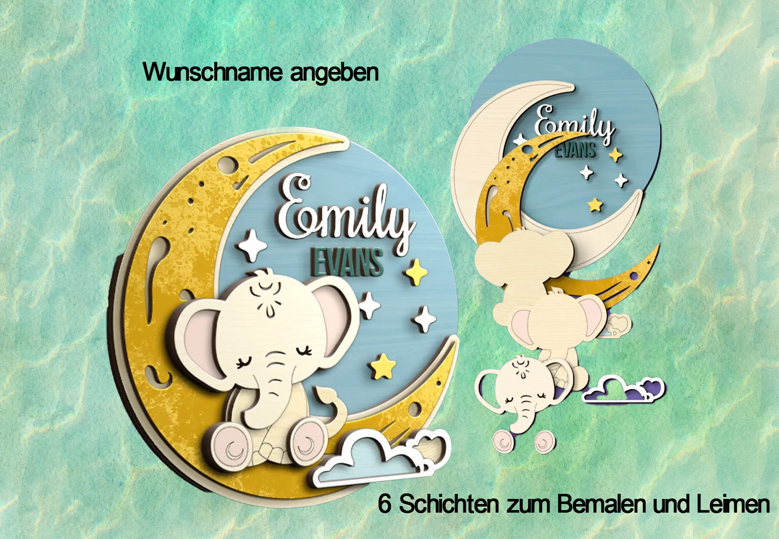 Kinderzimmer Baby Namensschild - Elefant - in Einzelteilen zum selbst bemalen oder fertig bearbeitet