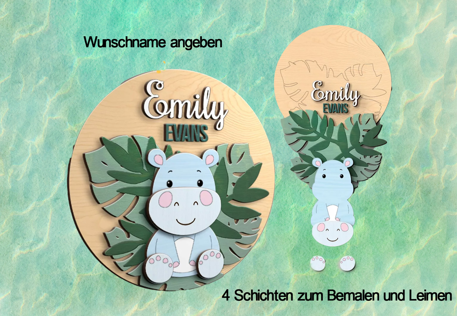 Kinderzimmer Baby Namensschild - Nilpferd- in Einzelteilen zum selbst bemalen oder fertig bearbeitet