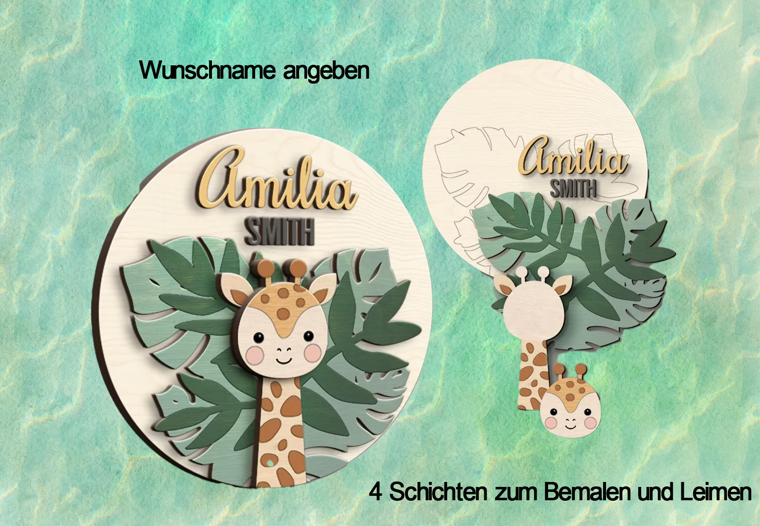Kinderzimmer Baby Namensschild - Giraffe- in Einzelteilen zum selbst bemalen oder fertig bearbeitet