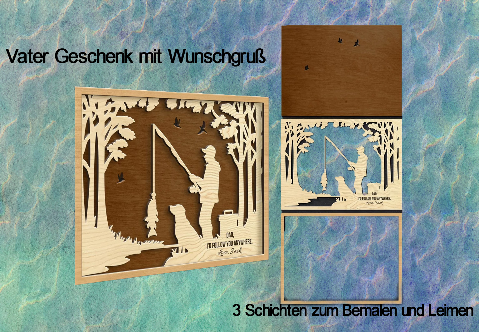 Geschenke für den Vater mit Wunschgravur Text- Vater mit Hund beim Angeln