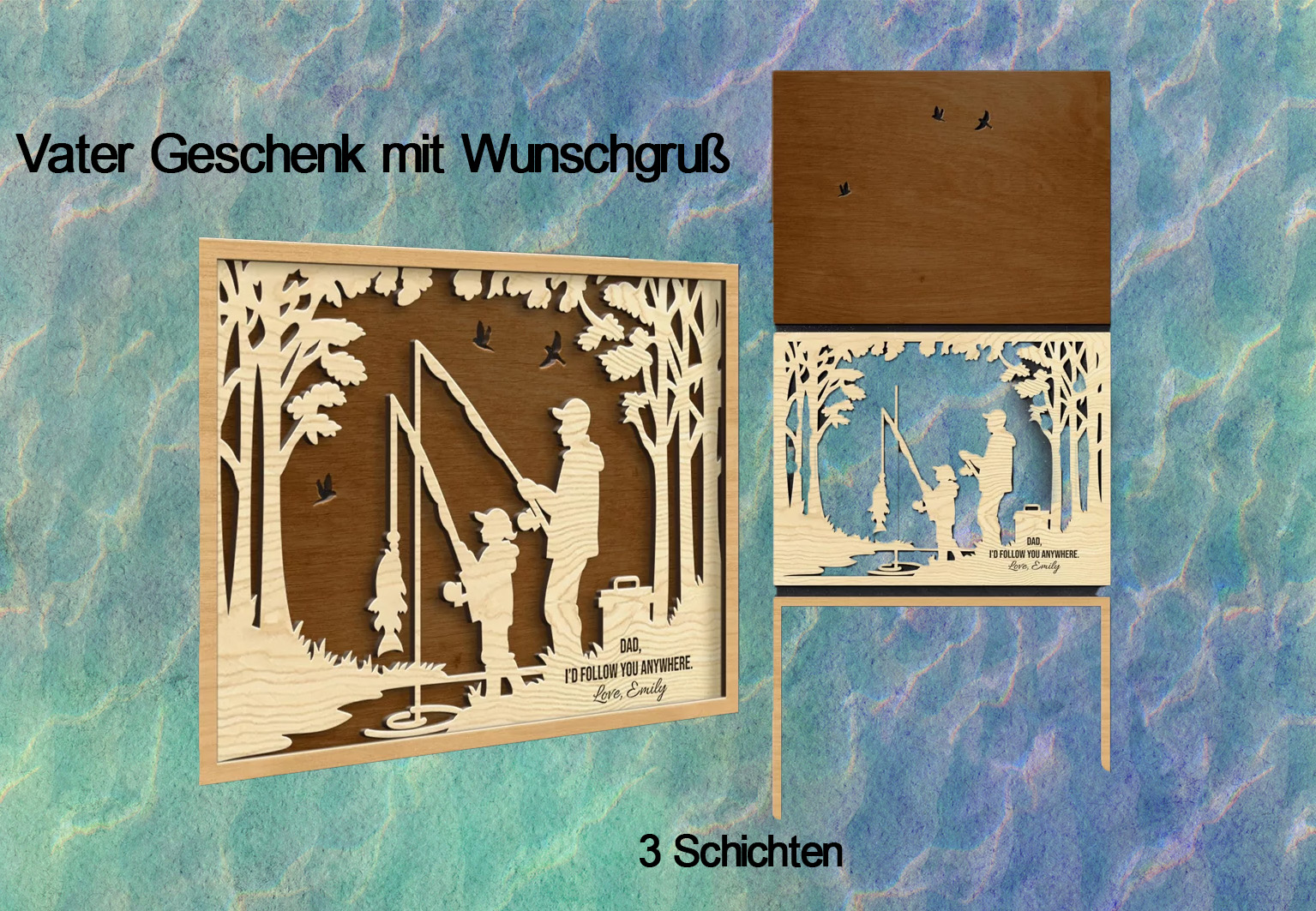 Geschenke für den Vater mit Wunschgravur Text- Vater mit Tochter beim Angeln