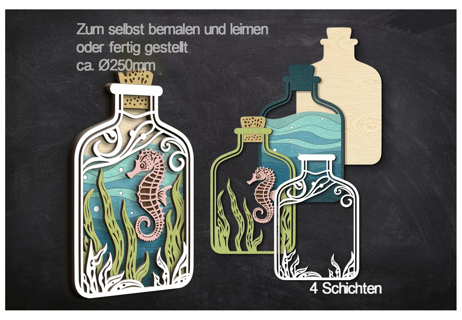 Holz-Wand-Dekor - Seepferd in einer Flasche - Mehrschichtige Holzschnitte zum selbst bemalen und leimen oder fertiggestellt