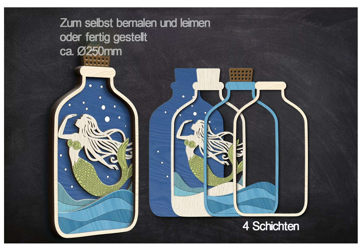 Holz-Wand-Dekor - Meerjungfrau in einer Flasche - Mehrschichtige Holzschnitte zum selbst bemalen und leimen oder fertiggestellt