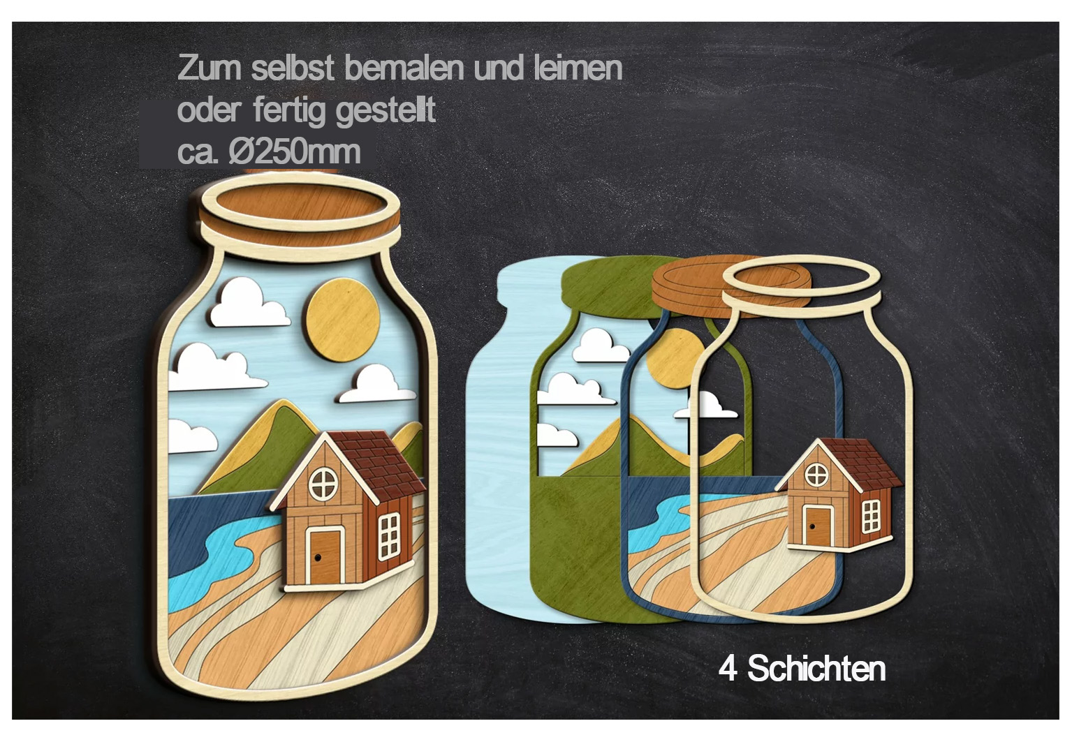 Holz-Wand-Dekor - Haus in einer Flasche - Mehrschichtige Holzschnitte zum selbst bemalen und leimen oder fertiggestellt