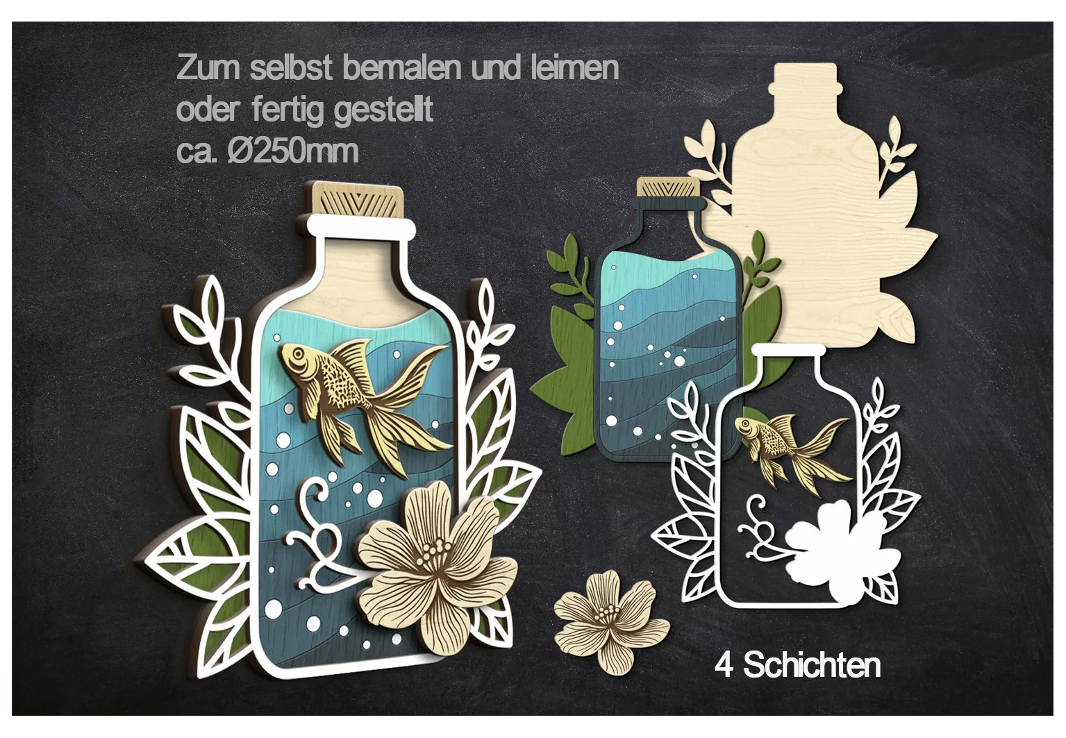 Holz-Wand-Dekor - Fisch in einer Flasche - Mehrschichtige Holzschnitte zum selbst bemalen und leimen oder fertiggestellt