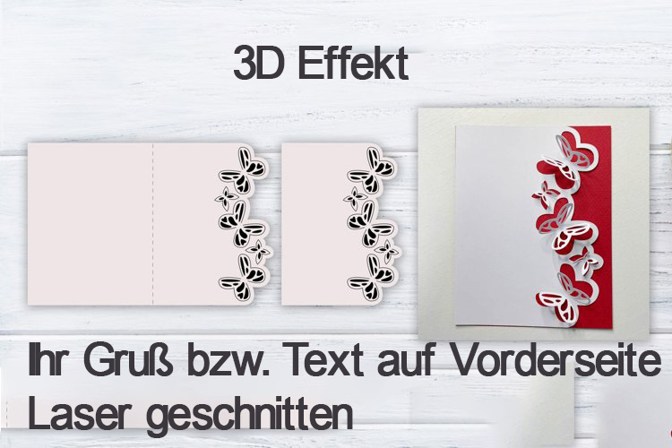 Personalisierte Grußkarten, Einladungen, Wünsche mit Pop Up 3D Effekt - Herzen, Schmetterlinge, Blumen