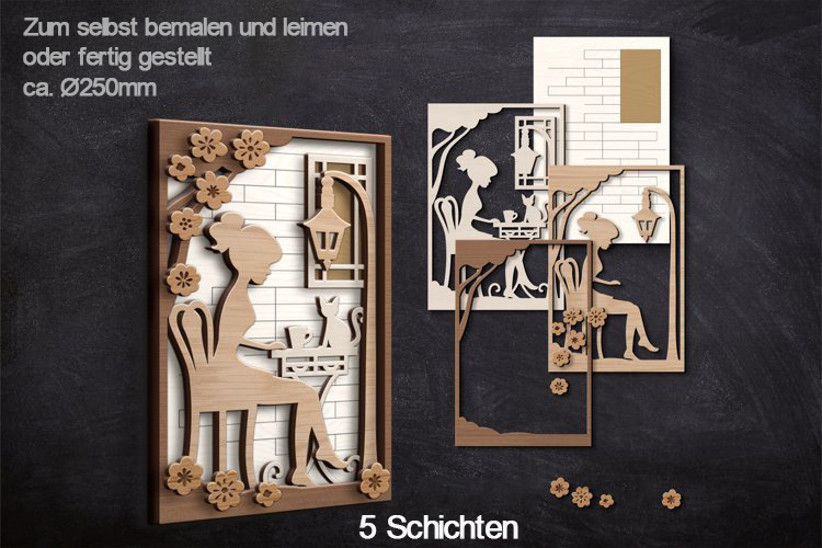 Holz-Wand-Dekor - Mädchen mit Regenschirm, Frau mit Katze - Mehrschichtige Holzschnitte