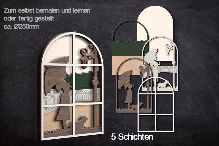 Holz-Wand-Dekor - Mädchen mit Regenschirm, Frau mit Katze - Mehrschichtige Holzschnitte 