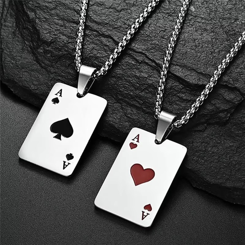 Kartenspiel-Anhänger 2 stück Set Edelstahl Poker Karte Ace of Spades - Wunschgravur Text oder Foto hochauflösend Rückseite Halskette Für Frauen Männer Paare Anhänger Kette Spielkarten schmuck