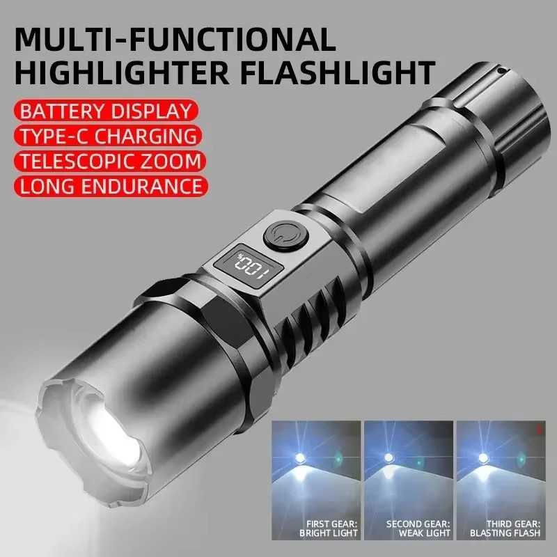 High Power LED-Taschenlampe graviert mit Namen oder Text, wiederaufladbar, einziehbare Taschenlampe, digitaler Zoom, USB-Handlicht für Camping, Outdoor und Emerge