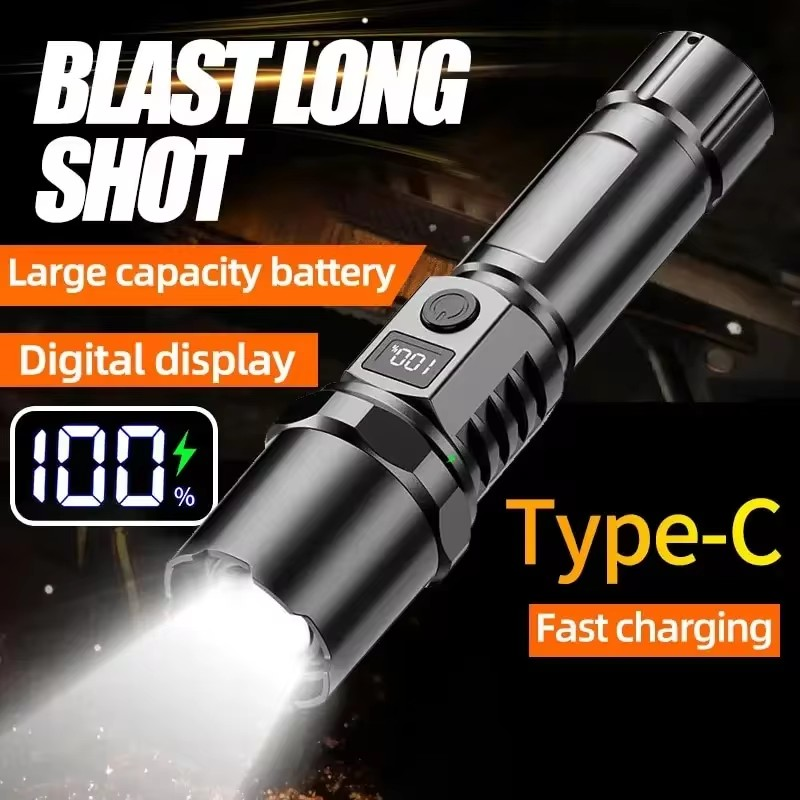 High Power LED-Taschenlampe graviert mit Namen oder Text, wiederaufladbar, einziehbare Taschenlampe, digitaler Zoom, USB-Handlicht für Camping, Outdoor und Emerge