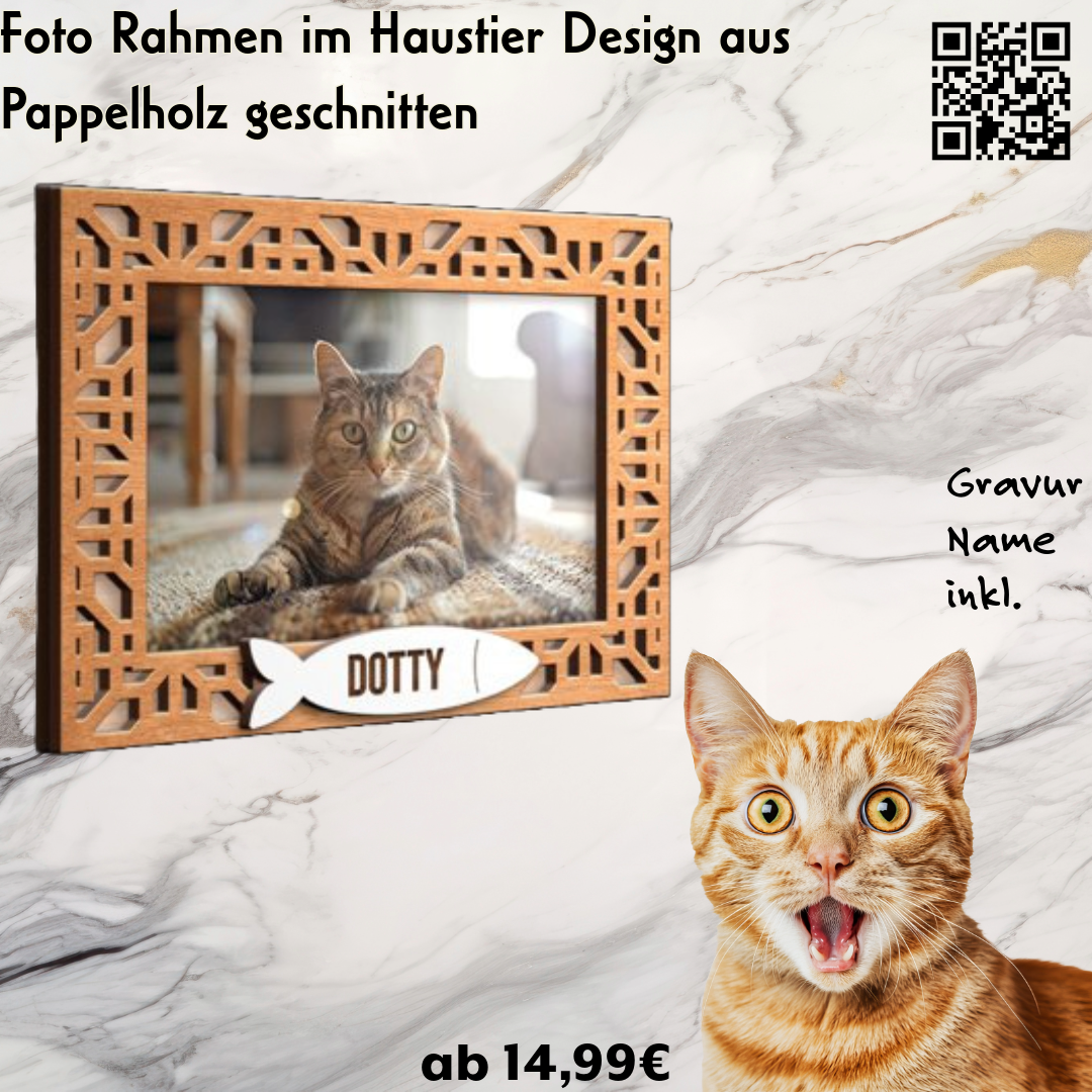 Fotorahmen mit Katzenmotiv, Namens Gravur und Ständer inkl.