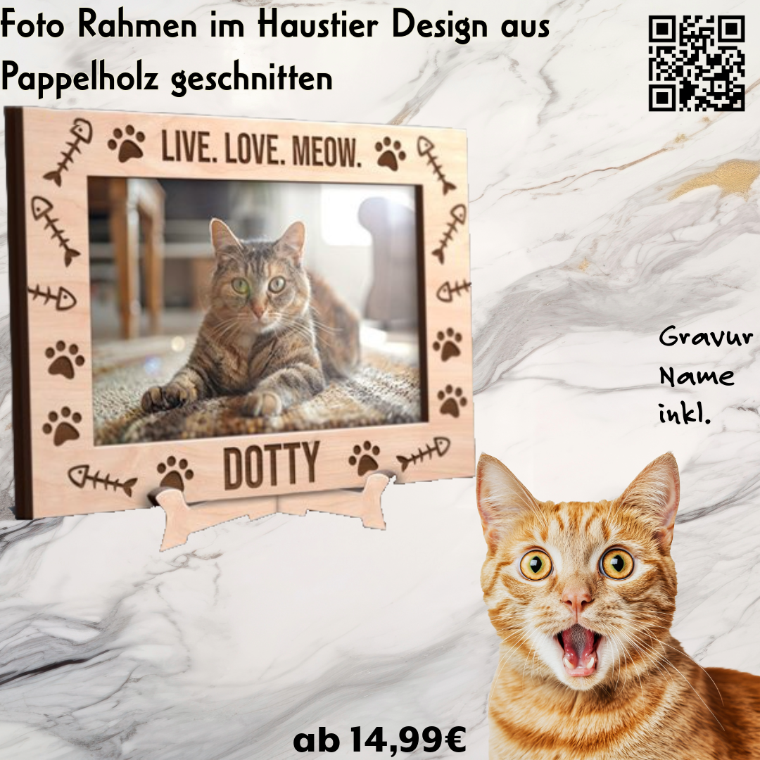 Fotorahmen mit Katzenmotiv, Namens Gravur und Ständer inkl.