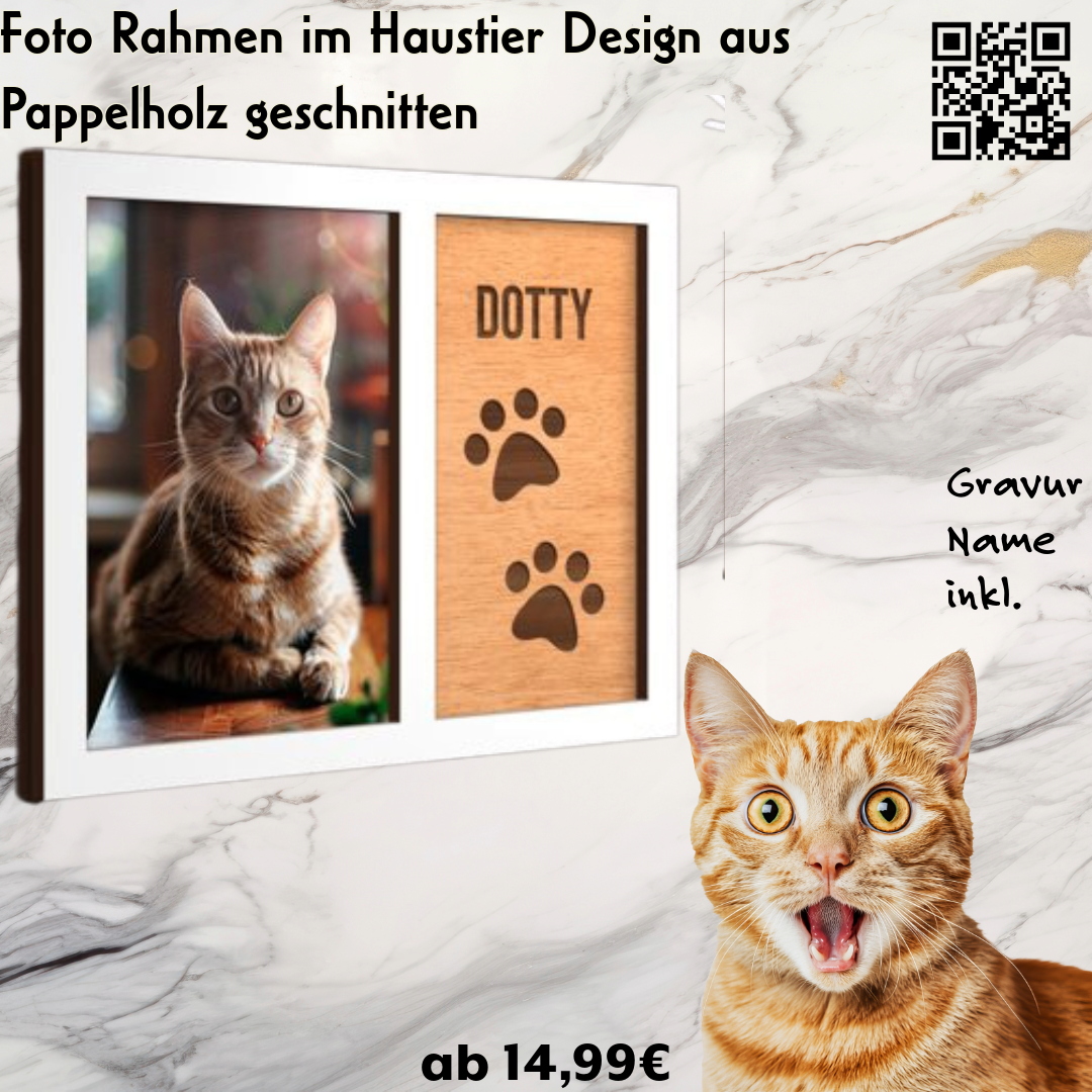 Fotorahmen für Katze Haustier Pfote Motiv, Namens Gravur und Ständer inkl.